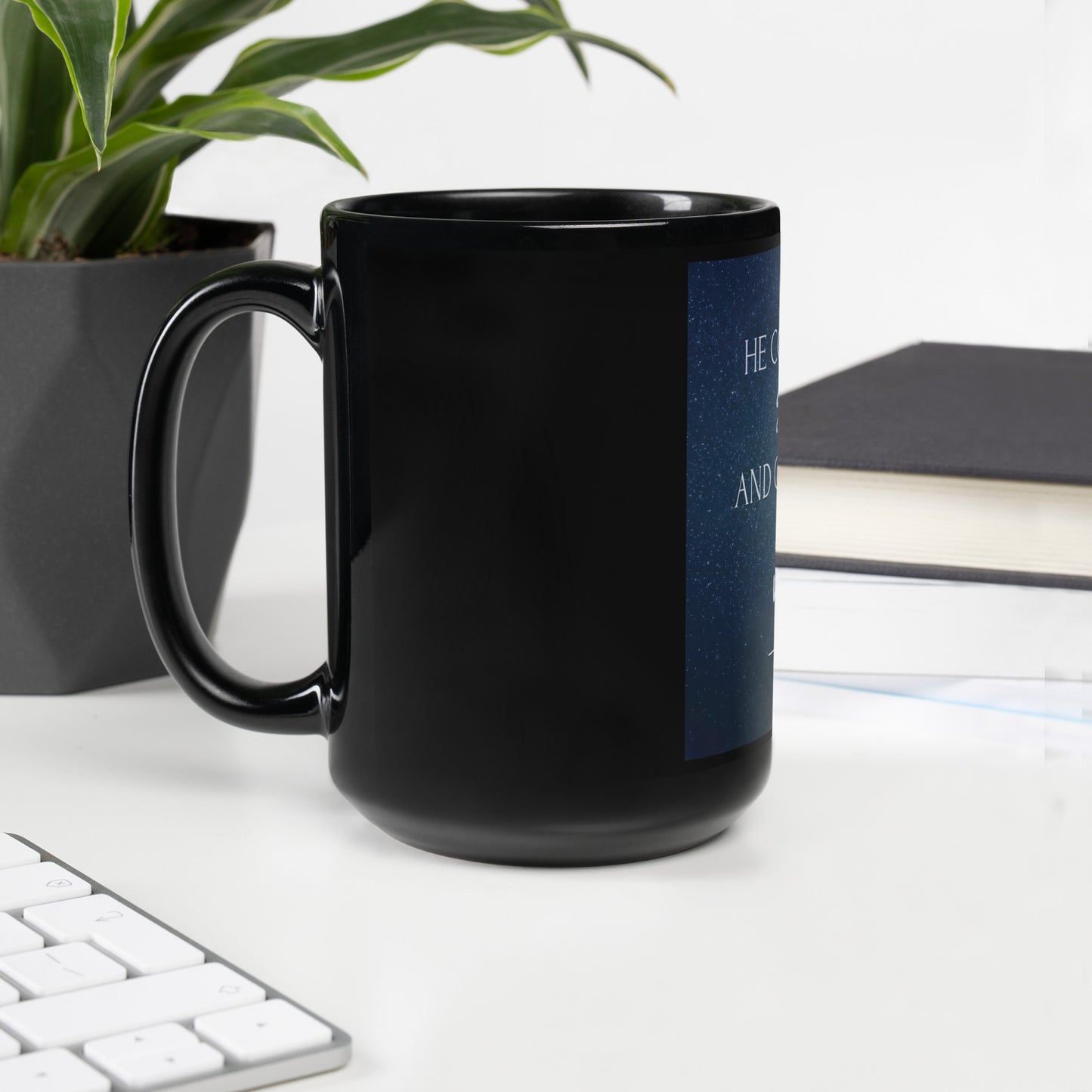 Psalm 147:4 He Counts The Stars Black Glossy Mug