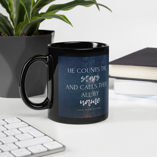 Psalm 147:4 He Counts The Stars Black Glossy Mug