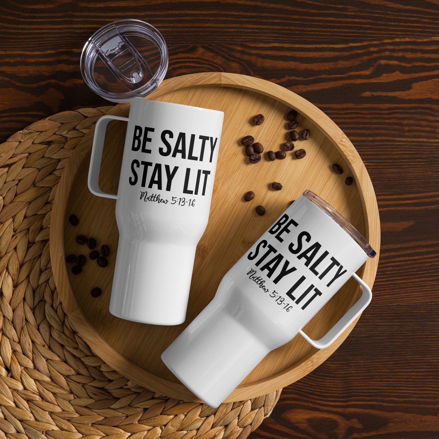 Matthew 5:13-16 Be Salty Stay Lit Travel Mug with Handle